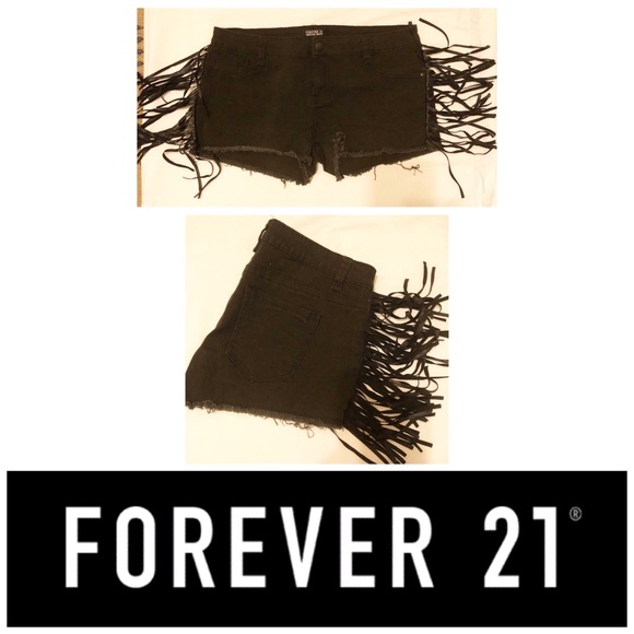 Forever 21 Premium Jean Black Fringe Shorts Summer Rodeo Cowgirl Rock & Roll - Picture 1 of 5
